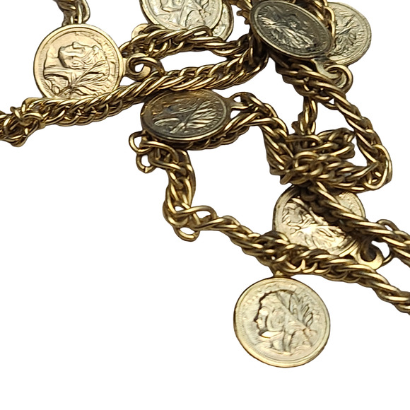 Vtg Mini Petite Francaise Republique Gold Tone Coin Long Necklace - Picture 4 of 7